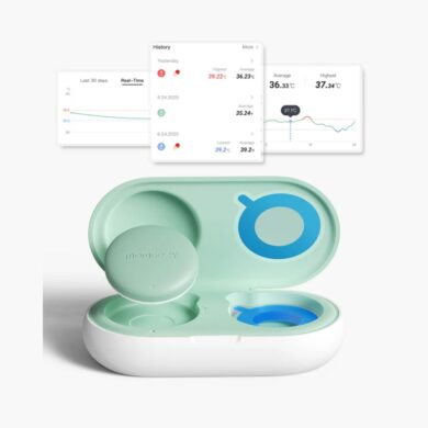 MOMCOZY išmanusis priklijuojamas bekontaktis termomentras kūdikiams su valdymu per mobilijąją aplikaciją