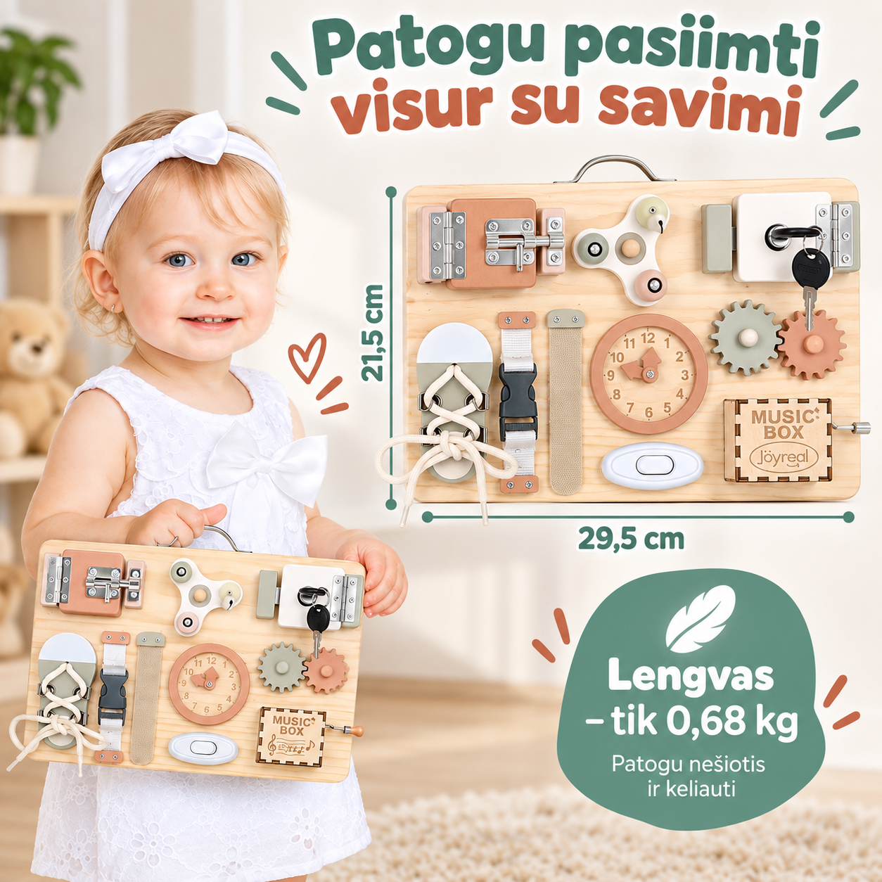 Joyreal Montessori motorinių įgūdžių lavinimo užimtumo lenta 30x20 cm