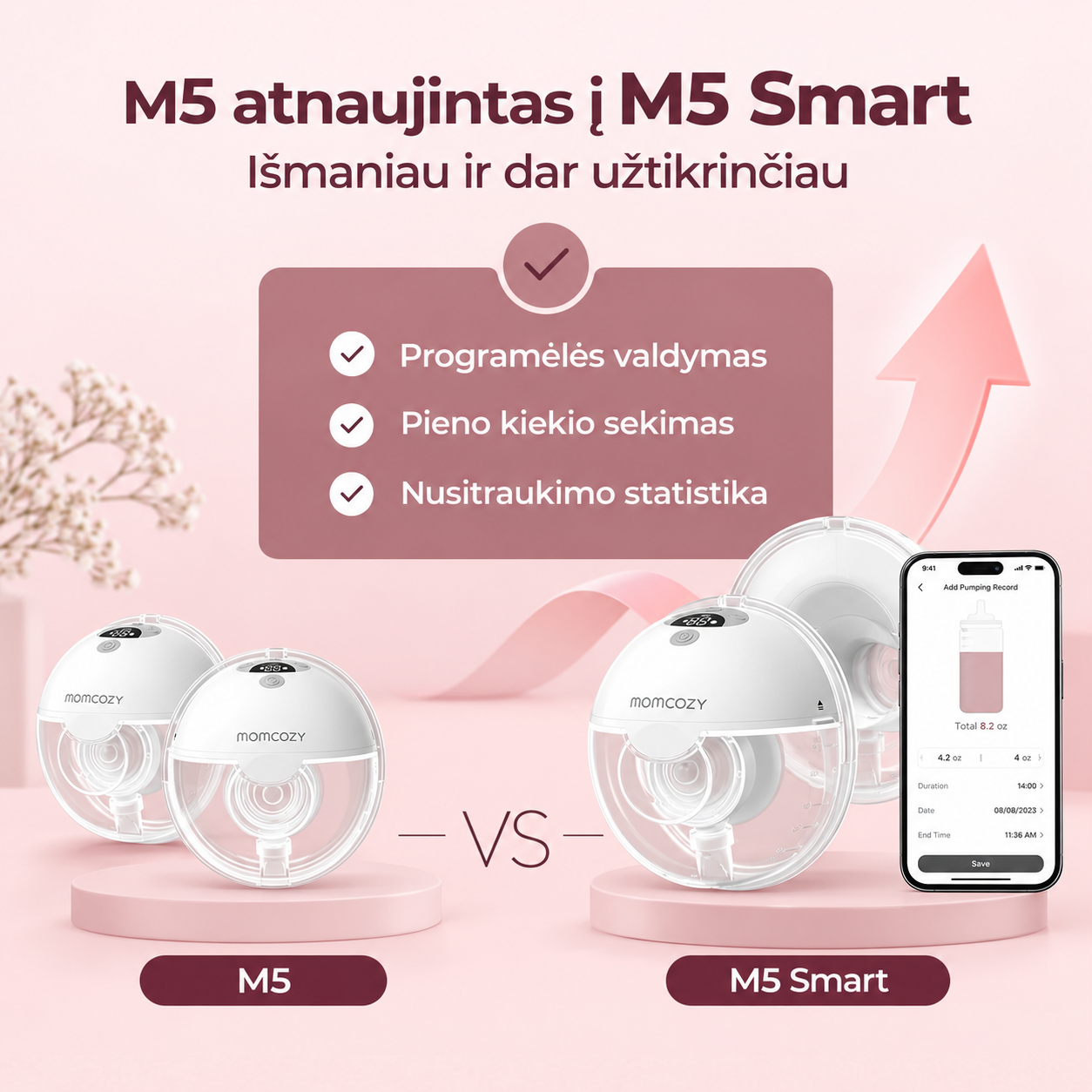 MOMCOZY M5 Smart dvigubas belaidis pientraukis su programėle