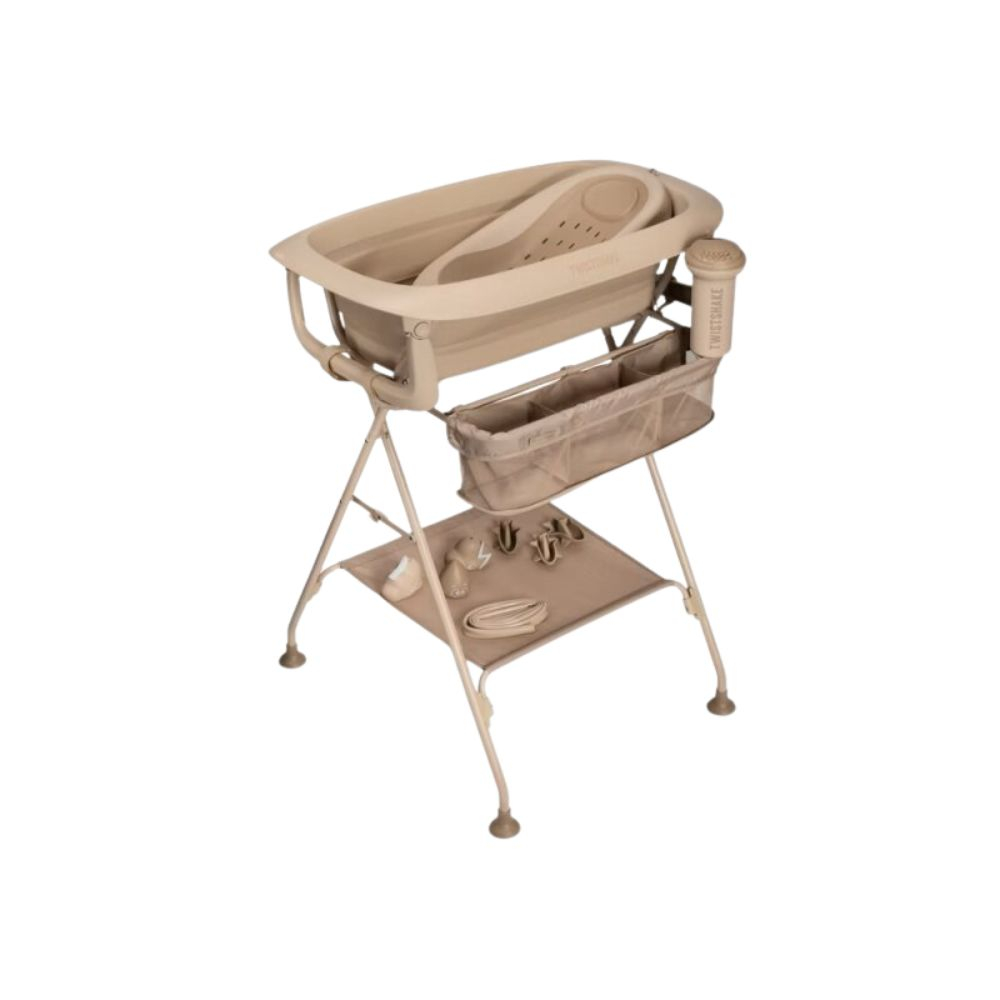 Twistshake Luxury Bath Kit sulankstoma kūdikio vonelė su stovu ir gultuku, Mocha