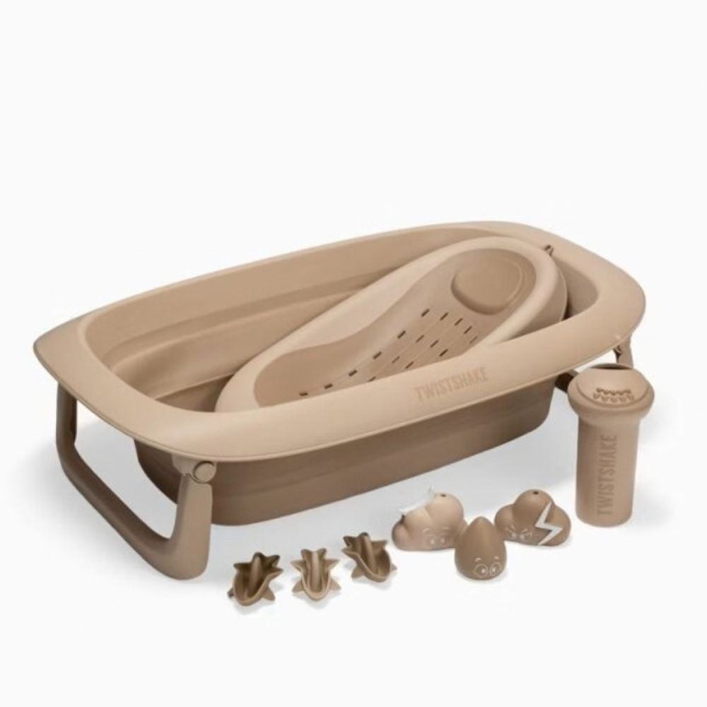 Twistshake Luxury Bath Kit sulankstoma kūdikio vonelė su stovu ir gultuku, Mocha