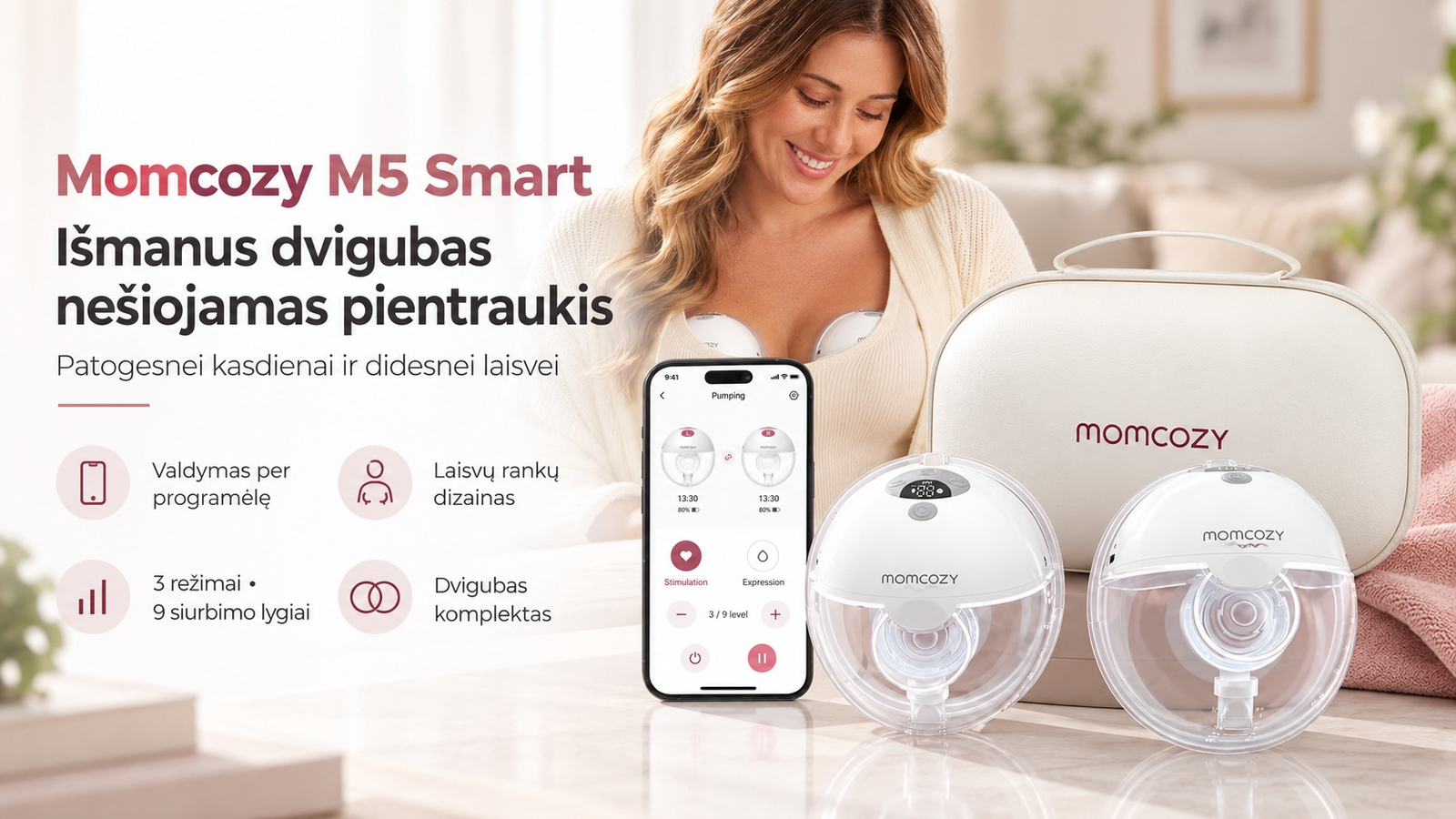 MOMCOZY M5 Smart dvigubas belaidis pientraukis su programėle