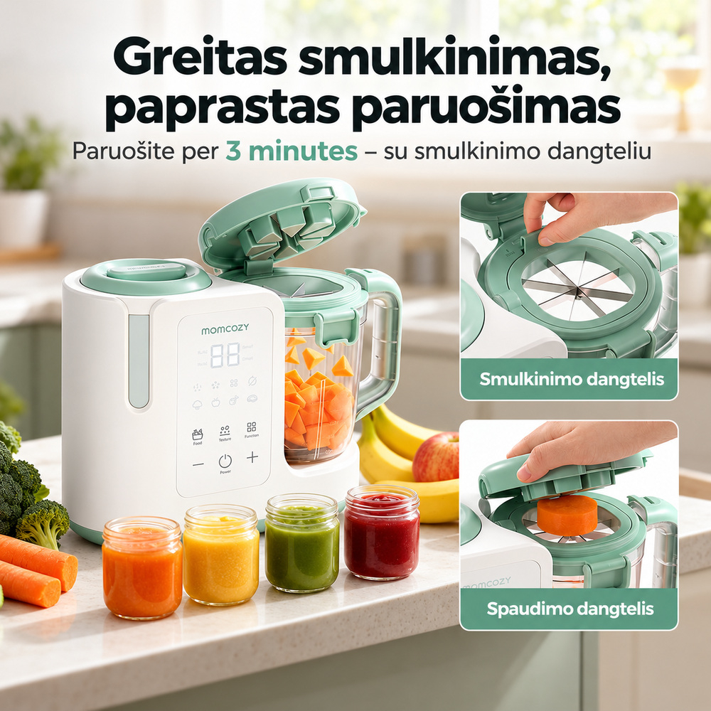 MOMCOZY AutoMeal garintuvas trintuvas kūdikių maistui 2in1 su automatiniu valymu