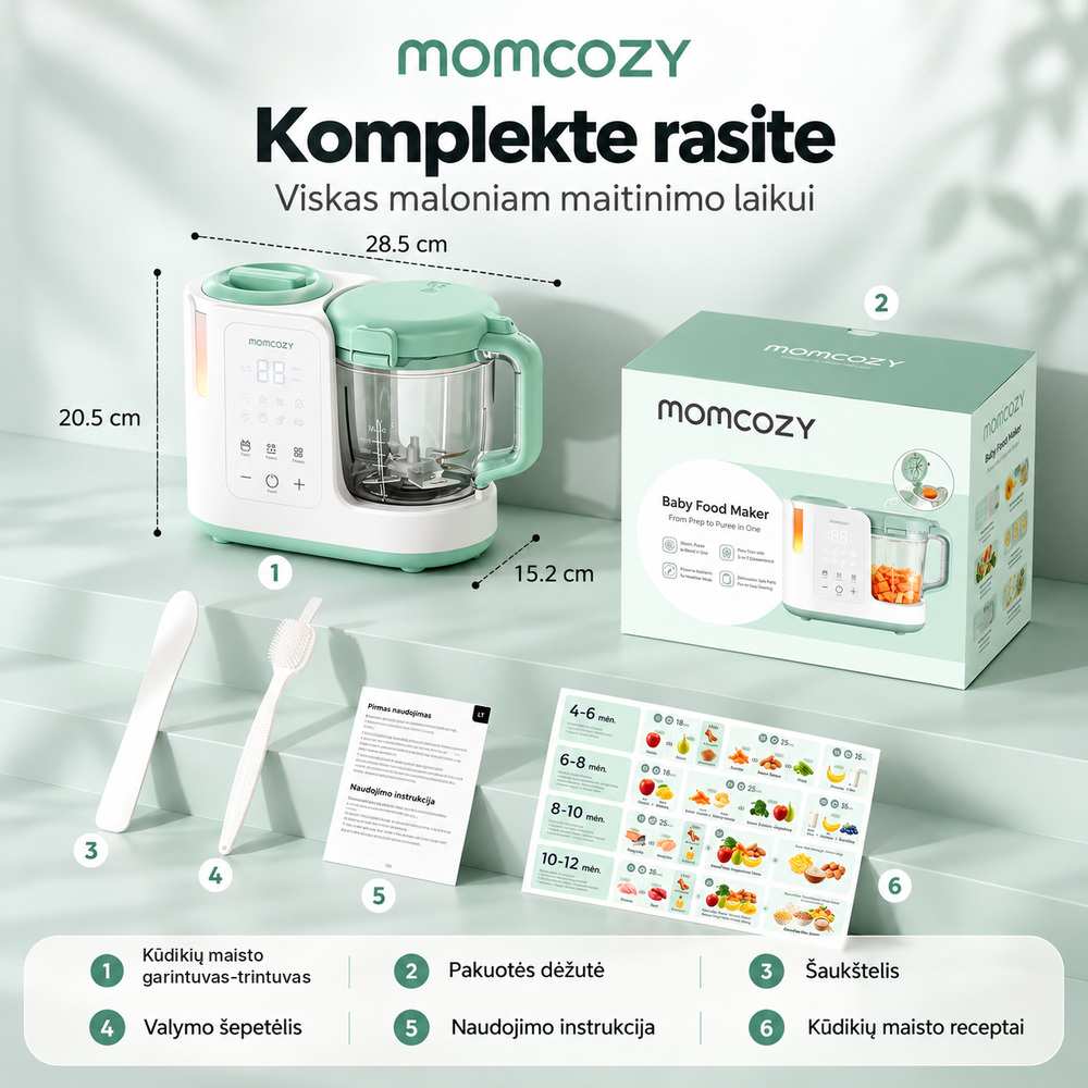 MOMCOZY AutoMeal garintuvas trintuvas kūdikių maistui 2in1 su automatiniu valymu