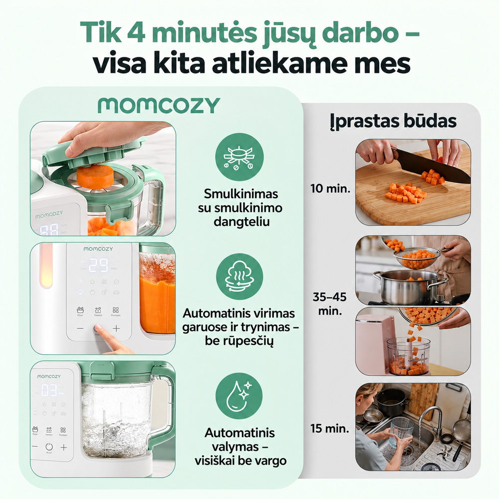 MOMCOZY AutoMeal garintuvas trintuvas kūdikių maistui 2in1 su automatiniu valymu