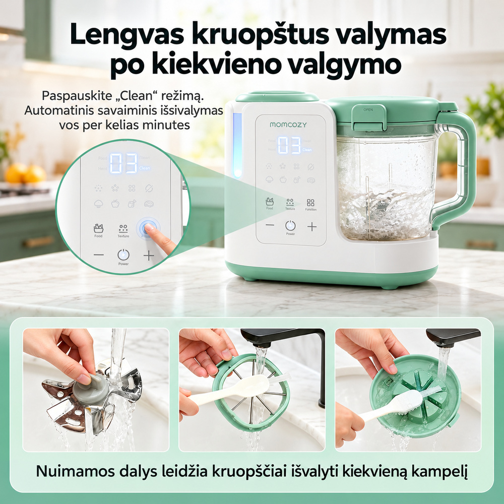 MOMCOZY AutoMeal garintuvas trintuvas kūdikių maistui 2in1 su automatiniu valymu