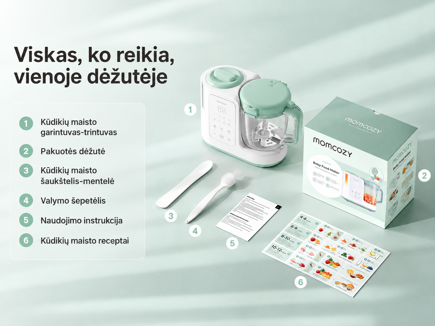 MOMCOZY AutoMeal garintuvas trintuvas kūdikių maistui 2in1 su automatiniu valymu