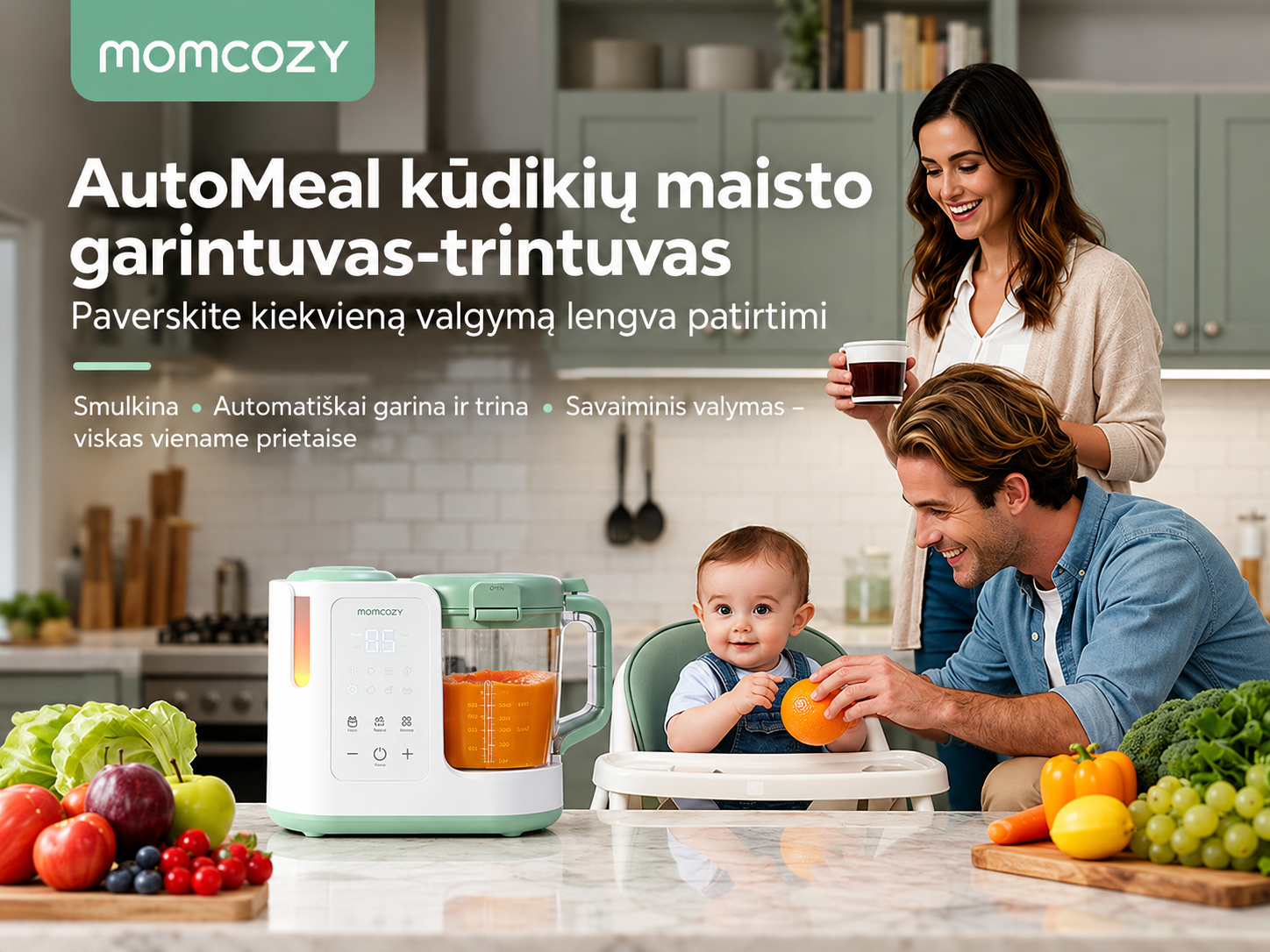 MOMCOZY AutoMeal garintuvas trintuvas kūdikių maistui 2in1 su automatiniu valymu