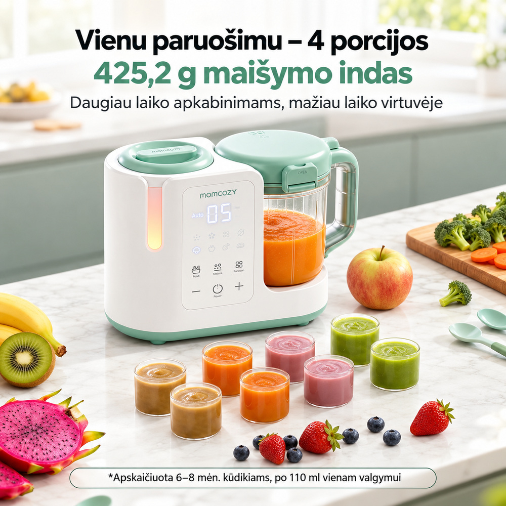 MOMCOZY AutoMeal garintuvas trintuvas kūdikių maistui 2in1 su automatiniu valymu