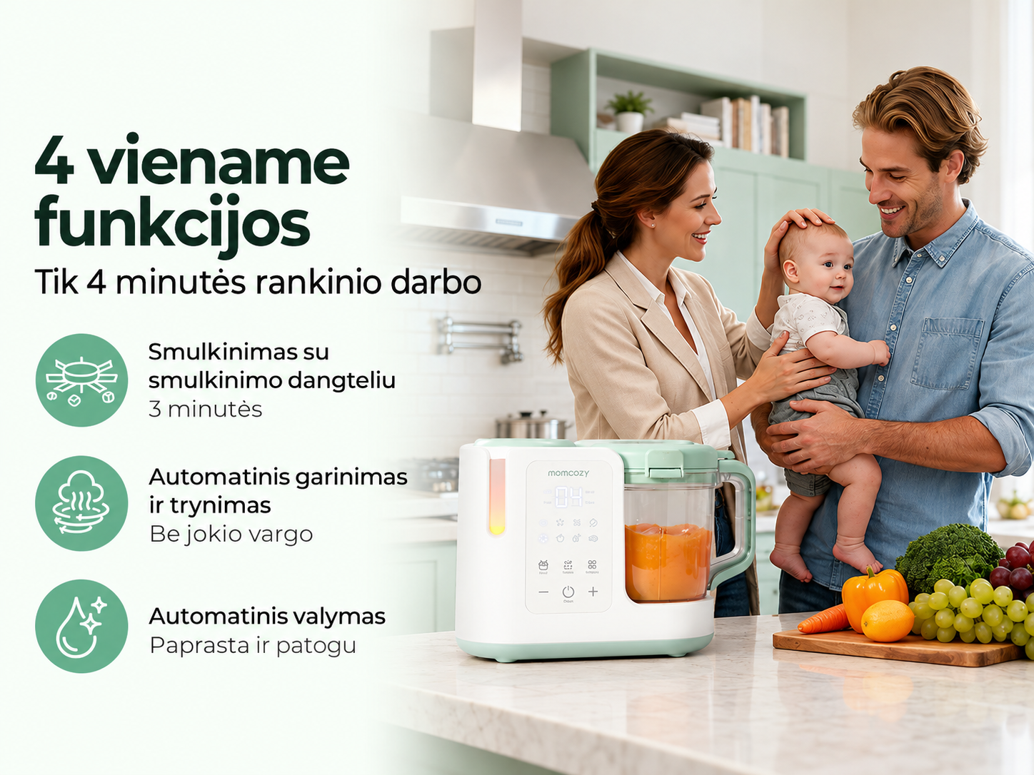 MOMCOZY AutoMeal garintuvas trintuvas kūdikių maistui 2in1 su automatiniu valymu