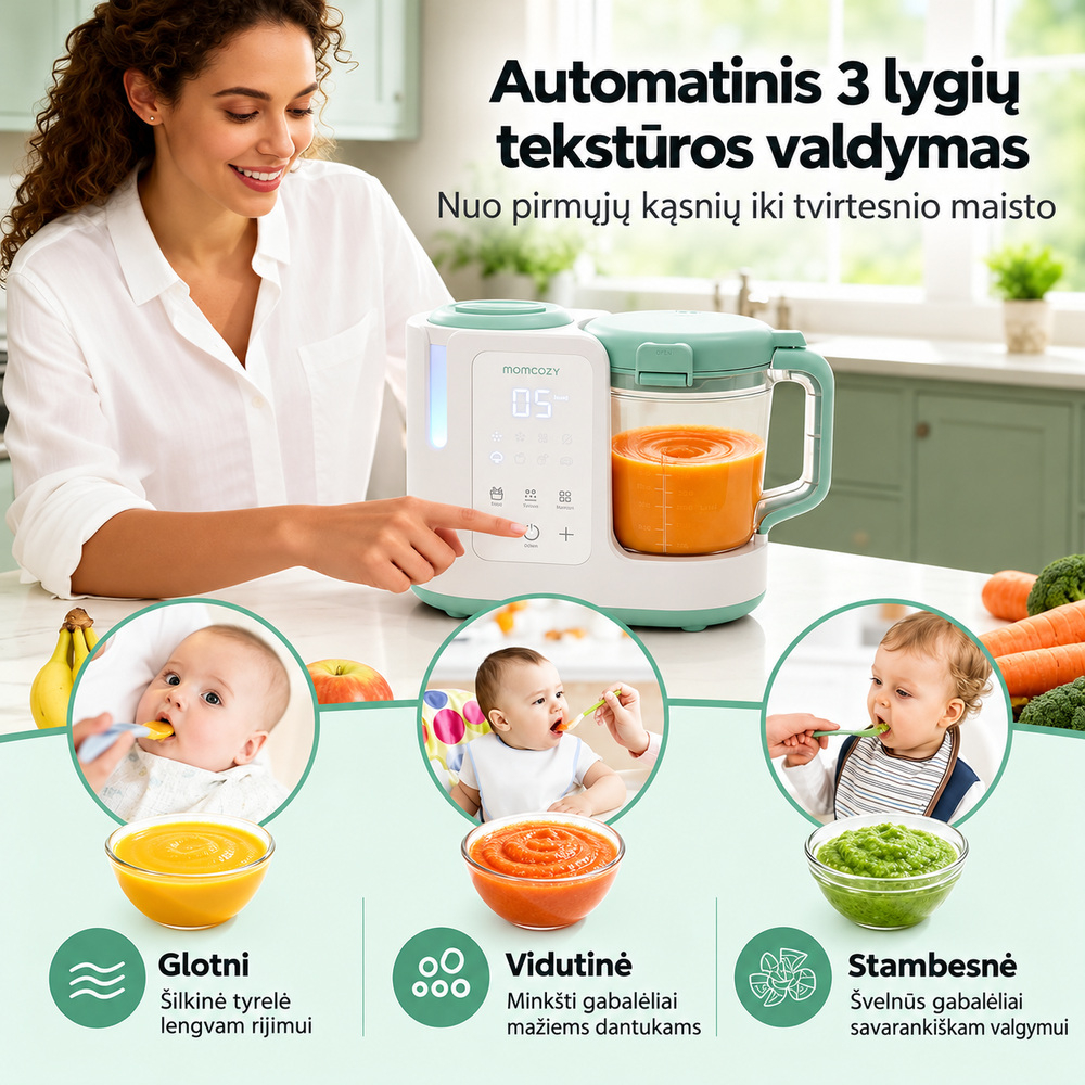 MOMCOZY AutoMeal garintuvas trintuvas kūdikių maistui 2in1 su automatiniu valymu