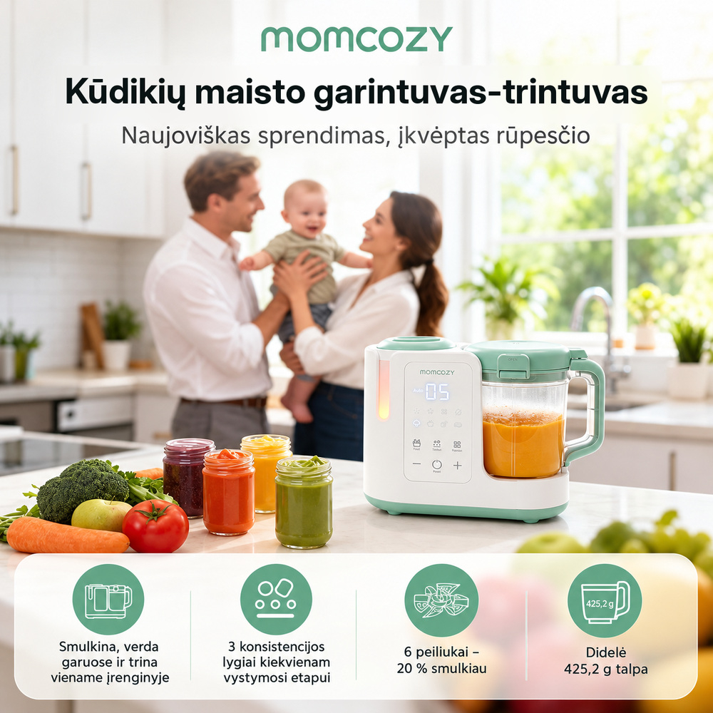 MOMCOZY AutoMeal garintuvas trintuvas kūdikių maistui 2in1 su automatiniu valymu