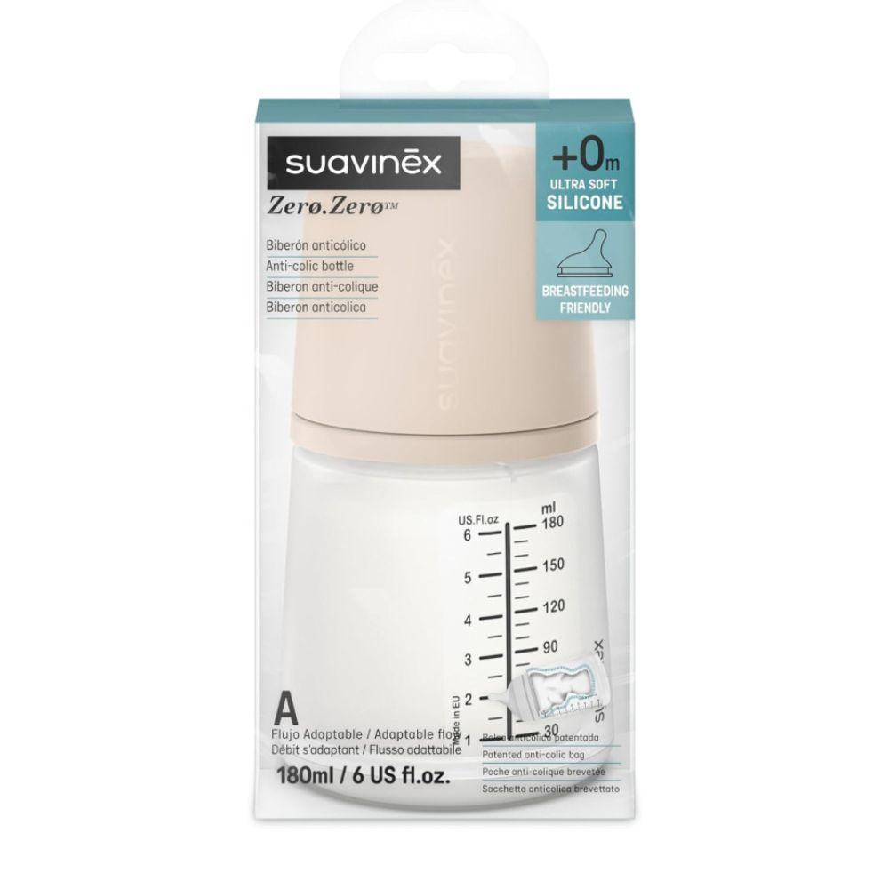 SUAVINEX Zero Zero antikolikinis buteliukas su reguliuojamos srovės žinduku, 180 ml, Light