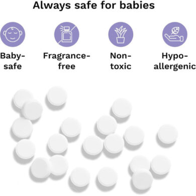 Baltos Baby Brezza nukalkinimo tabletės ir jų savybių piktogramos