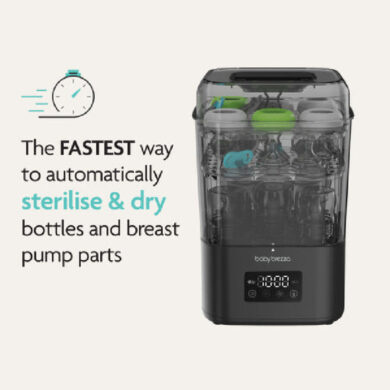 Baby Brezza SuperQuick sterilizatorius džiovintuvas su LCD ekranu ir pripildyta buteliukų kamera