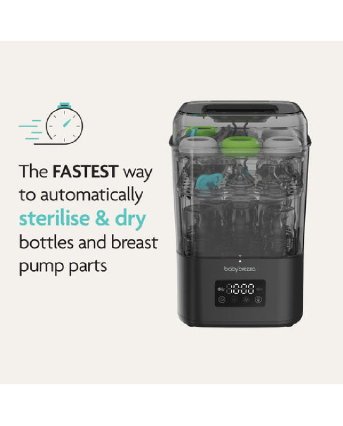 Baby Brezza SuperQuick sterilizatorius džiovintuvas su LCD ekranu ir pripildyta buteliukų kamera