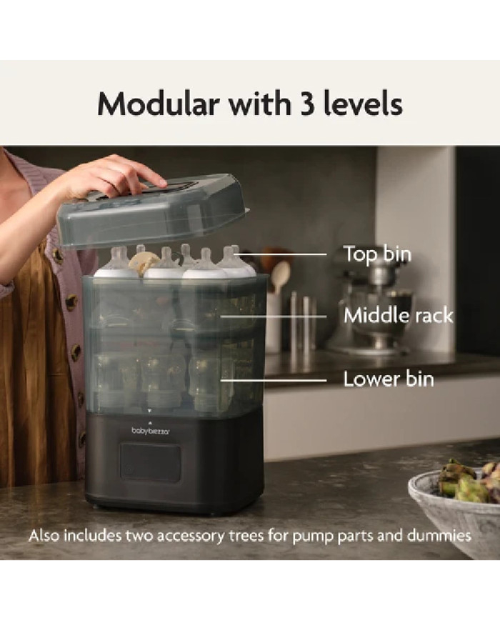 Atidarytas Baby Brezza SuperQuick sterilizatorius su trimis talpos lygiais ir buteliukais