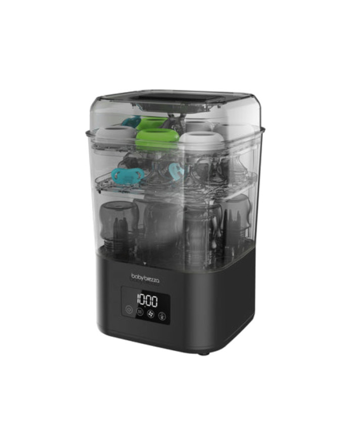 Baby Brezza SuperQuick juodas sterilizatorius džiovintuvas su buteliukais ir čiulptukais vidinėse lentynose