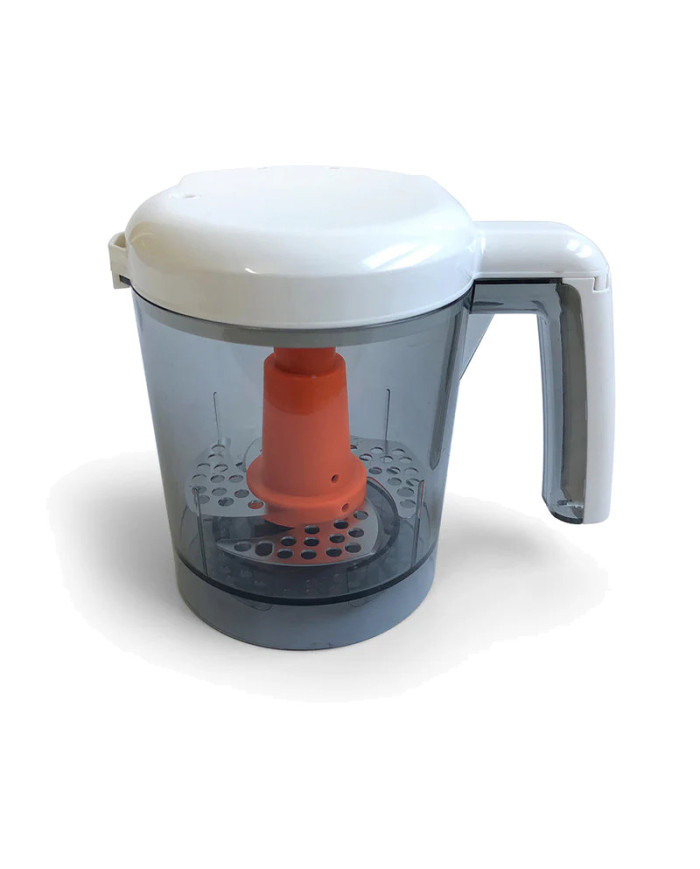 Baby Brezza One Step Deluxe indas su baltu dangčiu ir oranžiniu peiliuko priedu viduje