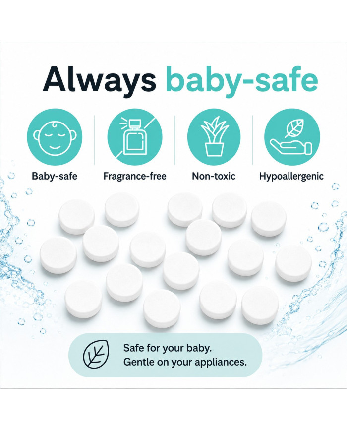 Baltos Baby Brezza nukalkinimo tabletės su saugumo ženklais