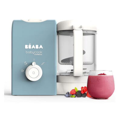 BEABA Babycook Express garintuvas trintuvas Baltic Blue su uogų tyrele stiklinėje
