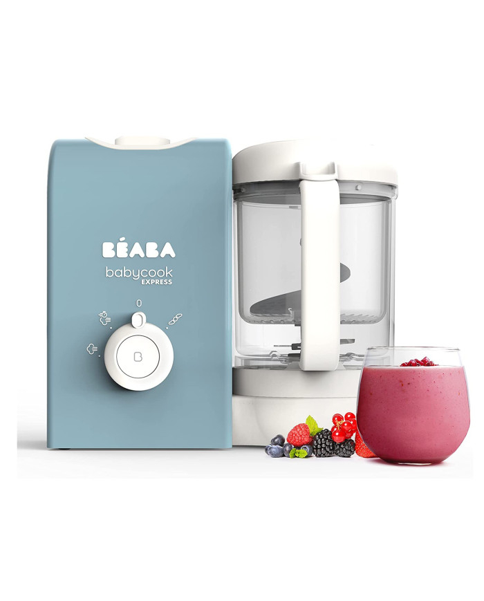 BEABA Babycook Express garintuvas trintuvas Baltic Blue su uogų tyrele stiklinėje