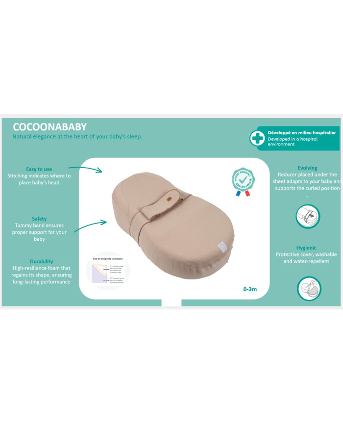 Cocoonababy gultuko savybių infografikas su nurodytomis gultuko dalimis