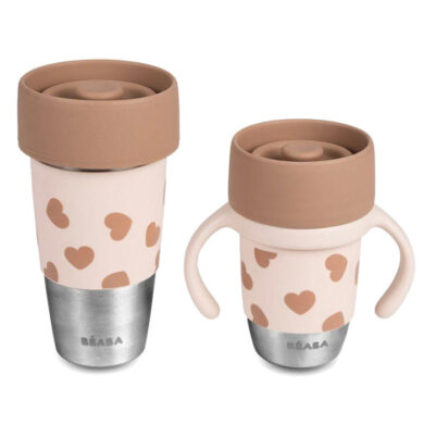 BEABA MINI AND ME nerūdijančio plieno puodeliai BIGLOVE su rusvais silikoniniais dangteliais