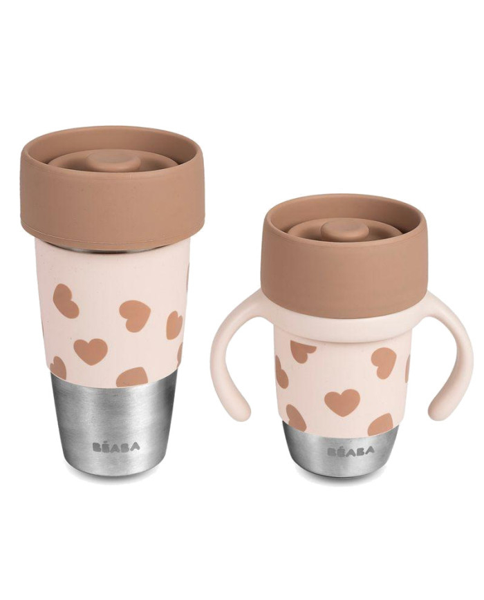 BEABA MINI AND ME nerūdijančio plieno puodeliai BIGLOVE su rusvais silikoniniais dangteliais