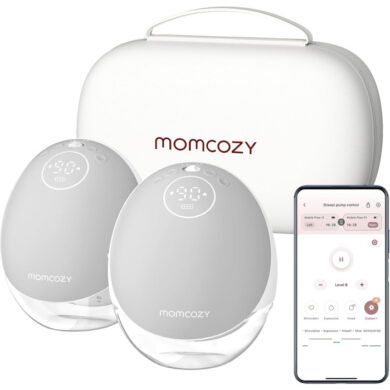 Momcozy M9 pilkas dvigubas nešiojamas pientraukis su baltu laikymo krepšeliu ir programėle telefone