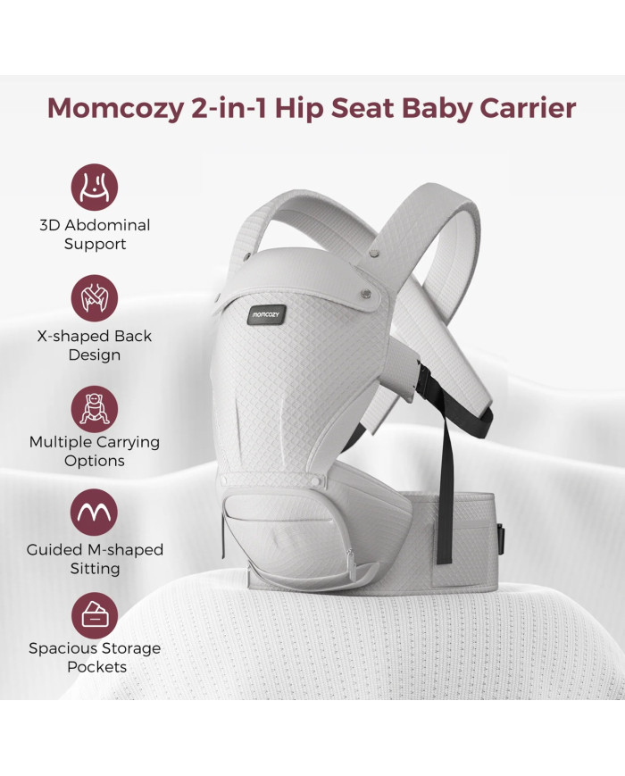 Pilka Momcozy 2in1 nešioklė su klubų sėdyne ir pagrindinių savybių sąrašu