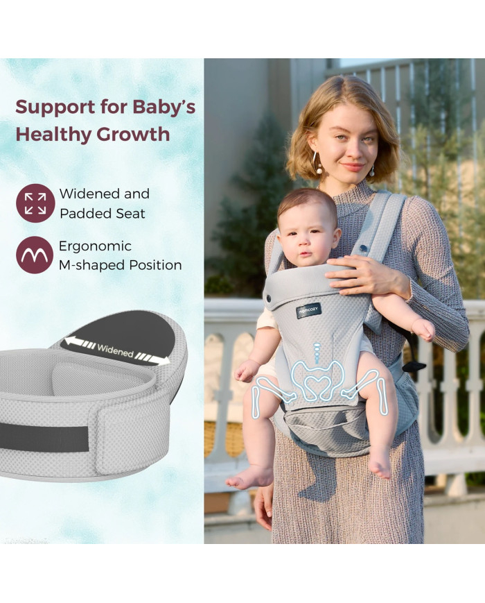 Praplatinta paminkštinta Momcozy nešioklės sėdynė ir ergonomiška M formos padėtis