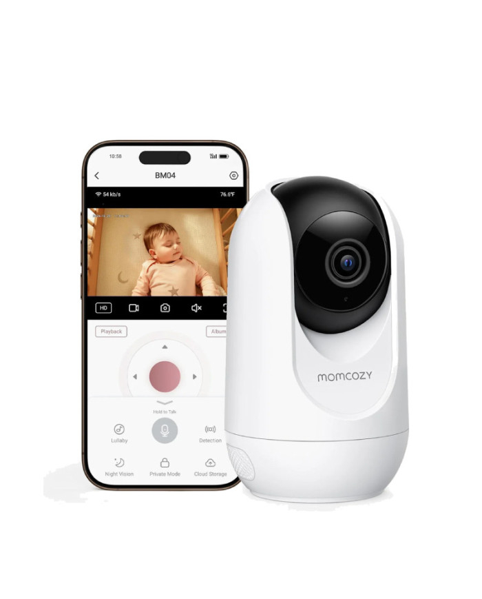 Momcozy BM04 kamera ir išmanusis telefonas su programėlės vaizdu iš lovytės