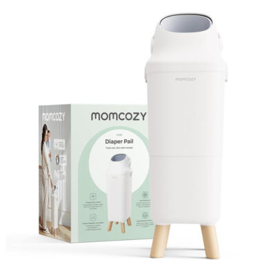Momcozy sauskelnių konteineris baltos spalvos su medinėmis kojelėmis ir pakuote